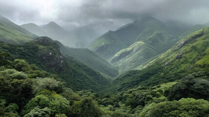 Fototapeta premium Serene Mountain Valley Surrounded by Lush Greenery Under Dramatic Cloudy Sky with Rolling Hills and Mysterious Atmosphere in Nature Landscape