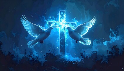 A glowing blue cross surrounded by ethereal light, with two doves in flight on either side. A spiritual scene