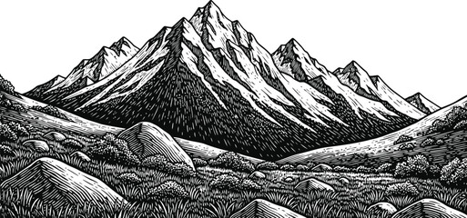 Jagged Snow-Capped Mountains Landscape in Hatch Style