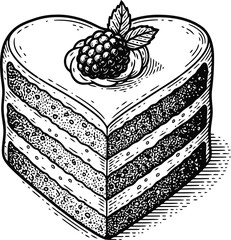 Layered Cake Slice with Raspberry and Leaves, Engraved Illustration Style