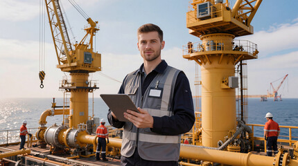 A worker stands on an offshore platform holding a tablet and observes the surroundings. Colleagues carry out tasks nearby, with equipment and cranes in the background