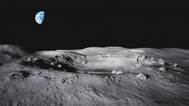 View of a crater on the lunar surface with a view of the earth and the sun