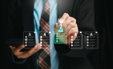 Quality assurance concept, businessman selecting approved profile checklist on virtual screen, recruitment validation, compliance control, audit process, trust, HR management