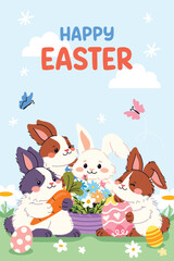 Naklejka premium Cute Easter greeting card with adorable rabbits. Happy bunnies with eggs, flowers and baskets on spring backgrounds. Flat vector poster collection for Easter holiday design.