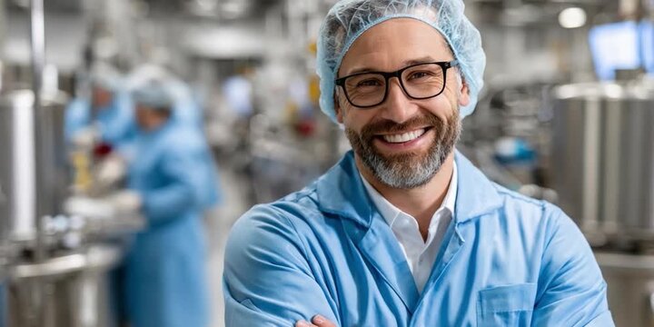 Smiling Professional: A confident man in a blue coat, cap, and glasses beams with a smile in a sterile processing facility, radiating assurance and expertise.