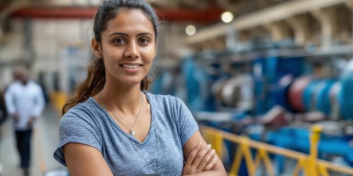 Confident Engineer at Work: A poised engineer stands confidently in an industrial setting, her gaze direct, reflecting competence and expertise.