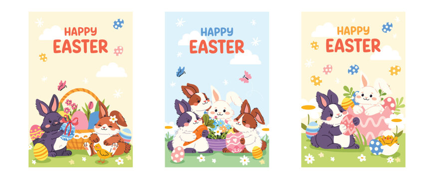 Set of cute Easter greeting cards with adorable rabbits. Happy bunnies with eggs, flowers and baskets on spring backgrounds. Flat vector poster collection for Easter holiday design.
