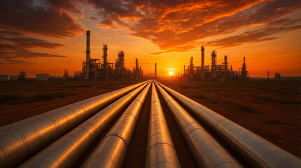 Pipelines extend into the horizon while the sun sets behind an industrial site. The sky shows orange and yellow colors. The scene captures an evening in an oil or gas field