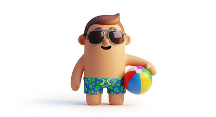 Happy 3D Cartoon Man in Swim Trunks and Sunglasses Holding Beach Ball, Summer Vacation Concept