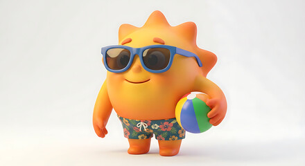 Happy Sun Character in Swim Trunks and Sunglasses Holding a Beach Ball