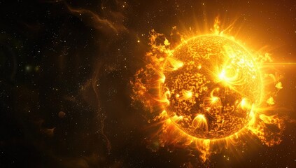 A vibrant cosmic depiction of a fiery, colossal star illuminating the vast, dark expanse of space