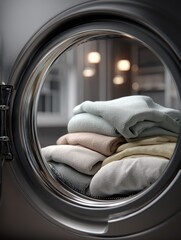 Close-up view through the round glass door of a modern front-loading washing machine revealing a neatly stacked pile of clean, soft, pastel-colored textiles waiting for drying or folding.