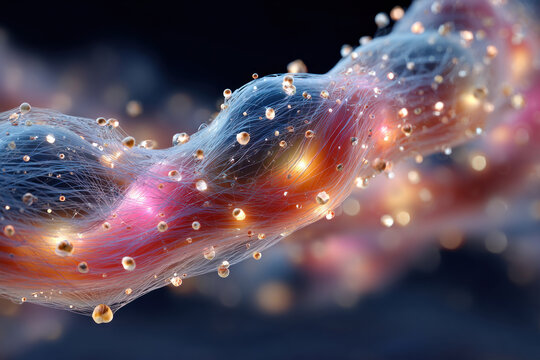 An abstract digital illustration depicting a dynamic flow of luminous energy formed from fine fibrous lines and shimmering particles.   - Powered by Adobe