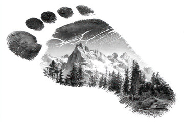 A black and white artistic composition in the form of a human footprint, within which a mountain landscape with a coniferous forest and snow-capped peaks unfolds.  