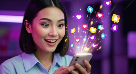 Young Asian Woman Excited by Social Media Notifications on Smartphone in Digital Age