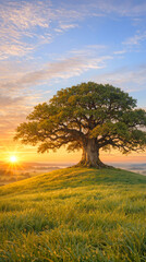 Fototapeta premium A large tree stands alone on a hill as the sun rises in the early morning. The sky is clear with soft clouds, and green grass covers the ground around the tree