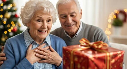 Fototapeta premium Joyful Elderly Couple Unwrapping Christmas Gift in Cozy Home Setting