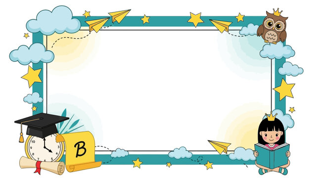 Digital illustration of a colorful educational frame with cartoon characters and graduation symbols on a white background.