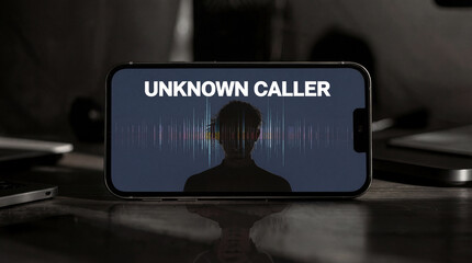 A phone screen displays an unknown caller alert with sound wave graphics. The setting includes a blurred background of devices, hinting at a tech environment in use during the day