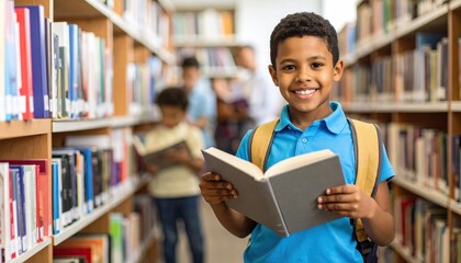 Smiling elementary school boy with backpack holding a book in a library