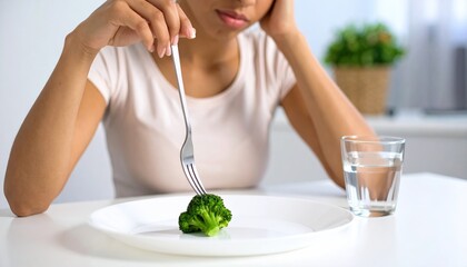 Upset Woman Eating Broccoli on a Diet