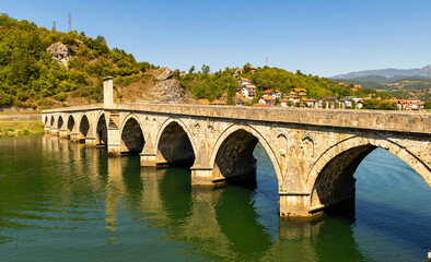 Fototapeta premium View of Mehmed Pasa Sokolovic Bridge in Visegrad, Bosnia and Herzegovina