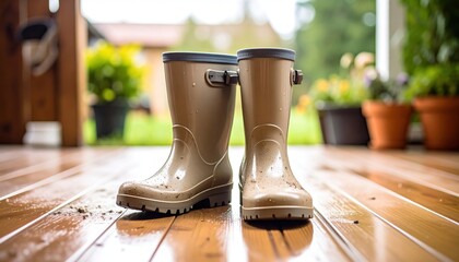 Muddy Rain Boots on Porch After Rain