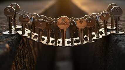 Golden keys form a secure bridge, featuring a 'password' key to protect digital access, bathed in warm light.
