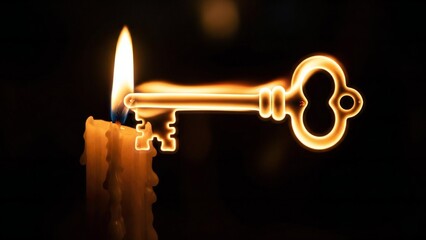 Mystical glowing key emerging from a candle flame, the password to hidden knowledge.
