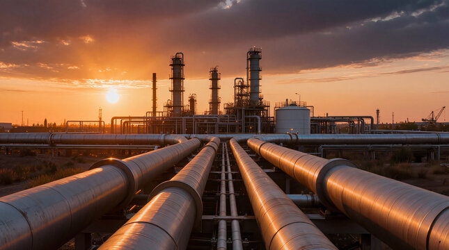 Pipelines stretch towards an industrial facility at sunset. The sun sets behind tall structures, casting shadows over the landscape. This scene shows a moment in the evening at an energy site