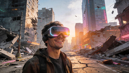 A man stands in a city with tall buildings damaged by destruction. He wears a virtual reality headset and smiles as he interacts with the digital world