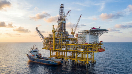 Fototapeta premium An oil platform stands in the ocean with cranes and machinery. A supply vessel is positioned next to the platform as the sun sets. Workers are present, completing various tasks