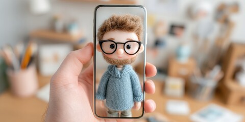 Close-Up of Hand Holding Smartphone During Video Call with Knitted Toy Character Displayed