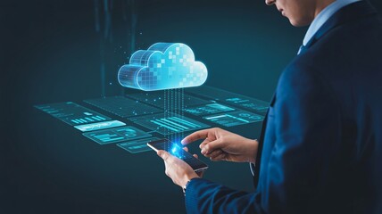Businessman interacting with cloud technology in futuristic blue glow with modern digital interface for tech innovation