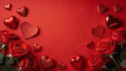 A luxurious solid red Valentine's Day background featuring fresh blooming red roses and hearts of various shapes and sizes arranged elegantly on the sides. Valentine's Day, Happy Valentine's Day