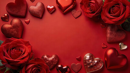 A luxurious solid red Valentine's Day background featuring lush red roses with velvety petals and hearts of different shapes. Valentine's Day, Happy Valentine's Day, Valentine's Day Gifts