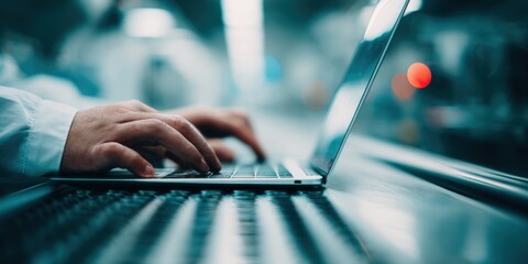 Electronics Factory Manager Working on Laptop in Manufacturing Environment