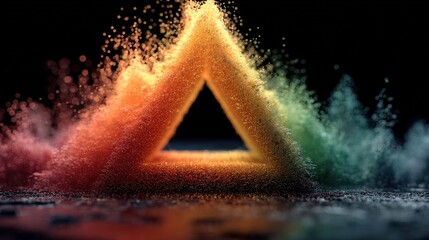 Vibrant Abstract 3D Rendering of Colorful Particles Forming a Triangle Shape in Artistic Display