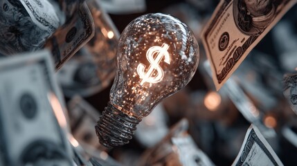 Shining Light Bulb Creating Dollar Sign Surrounded by Money Bills in Creative Financial Concept