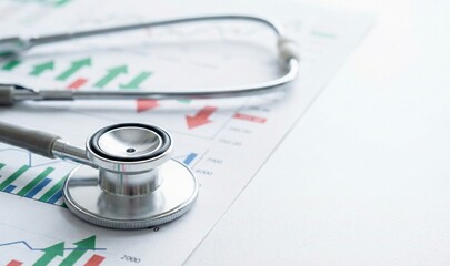 Stethoscope resting on financial charts with ascending and descending arrows, symbolizing healthcare business analysis, economic trends, and medical investment strategies.