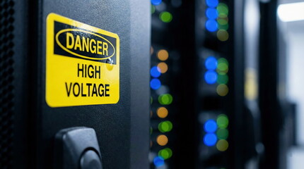 "Danger High Voltage" sign on a server rack in a data center, emphasizing electrical safety and technology infrastructure.