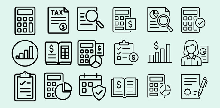 A collection of line-style icons depicting various finance and business concepts on a light green background with a minimalist design.