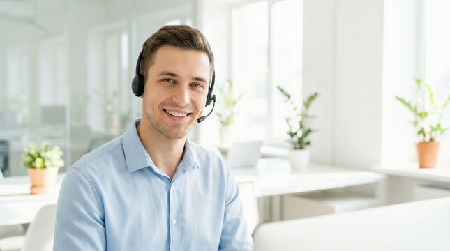 A smiling young man wearing a headset provides professional customer service in a bright, modern office, looking at the camera.