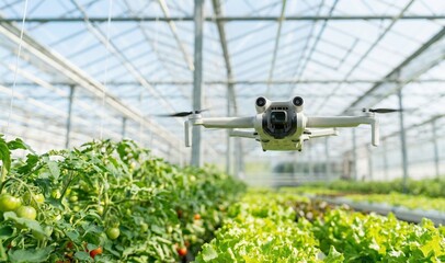 Drone flying over green hydroponic crops in a modern greenhouse, showcasing advanced agriculture and smart farming technology.