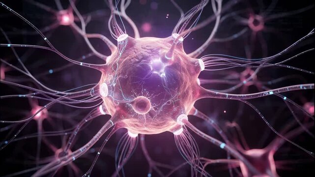 Close-up on a neuron cell, highlighting its structure and complexity. The neuron is vibrant and detailed, illustrating the intricate web of the human brain