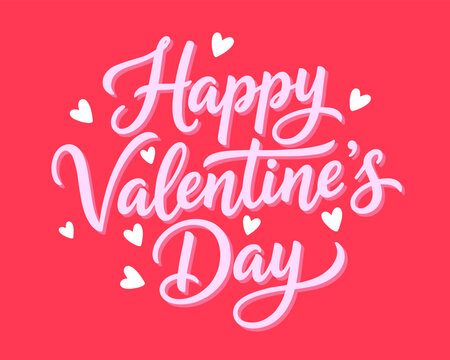 Happy Valentine's Day greeting card design with calligraphy and hearts on red background