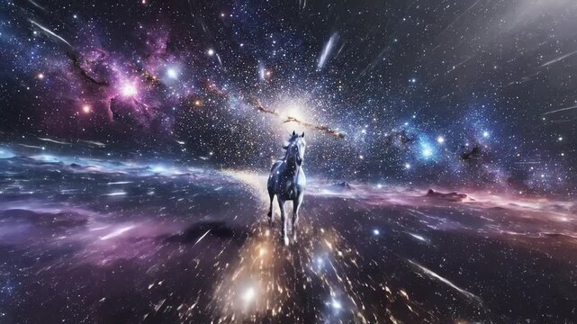 Ethereal horse traversing a vibrant galaxy and star-filled universe for a fantasy adventure concept and limitless possibilities