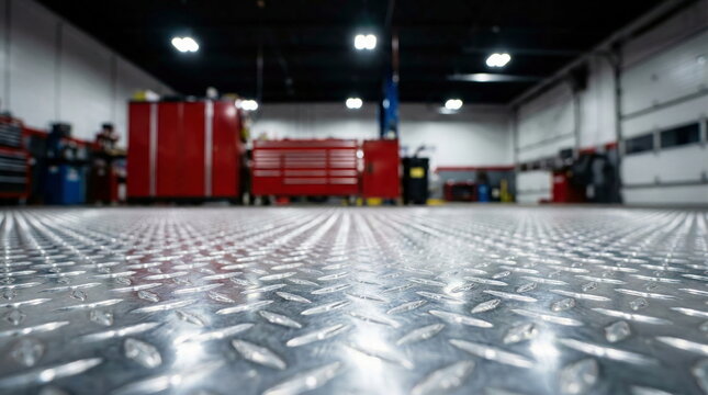 Close-up of a sturdy diamond plate metal floor in a modern, clean auto repair shop, ideal for industrial backgrounds and textures.