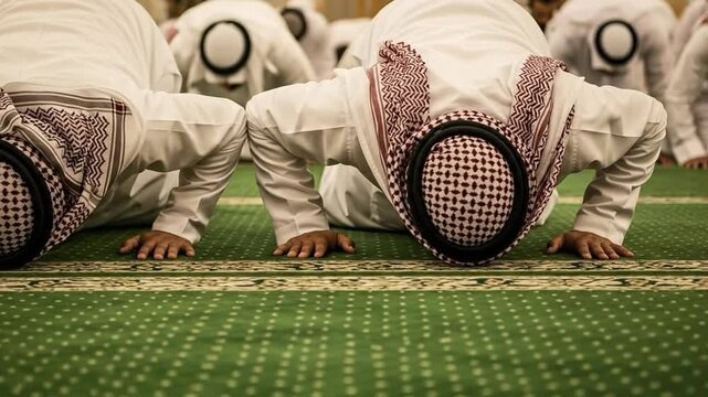 Men Wearing Traditional Attire Engaged in Prayer on Prayer Mat in Mosque Setting