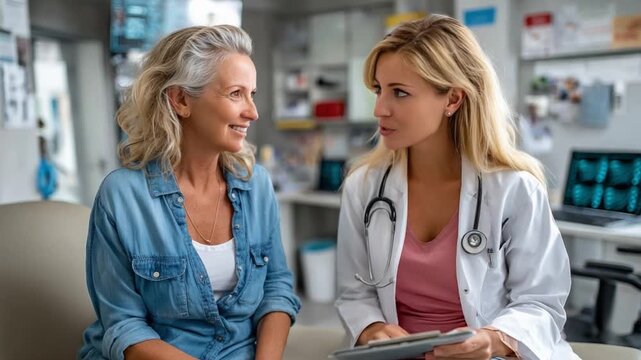 The Consultation: A doctor and a patient in a medical examination room, engaged in a conversation with empathetic expression. Focusing on providing insight into a healthcare encounter.